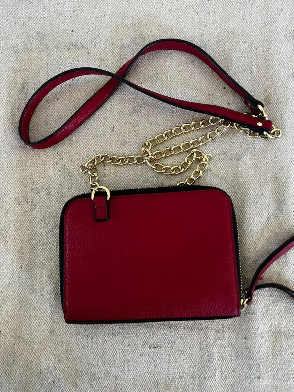Perlina Leather Red/Black Amber 11 Double Zip Chain Strap Crossbody/Wallet